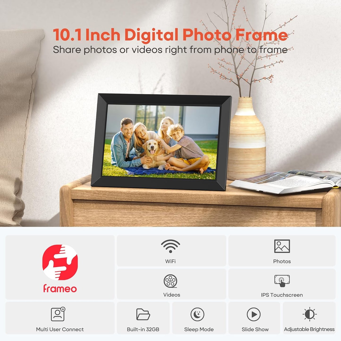 Digital Picture Frame, 10.1" Frameo Digital Frame WiFi with 32GB Memory, 1280x800 IPS Touch Screen, Send Photos/Videos from Your Phone Anywhere, Photo Gifts for Parents and Grandparents