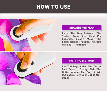 Mini Bag Sealer and Cutter, 2 in 1 Portable USB Rechargeable Chip Heat Sealing Machine for Plastic Snacks Food Storage Bag Opener