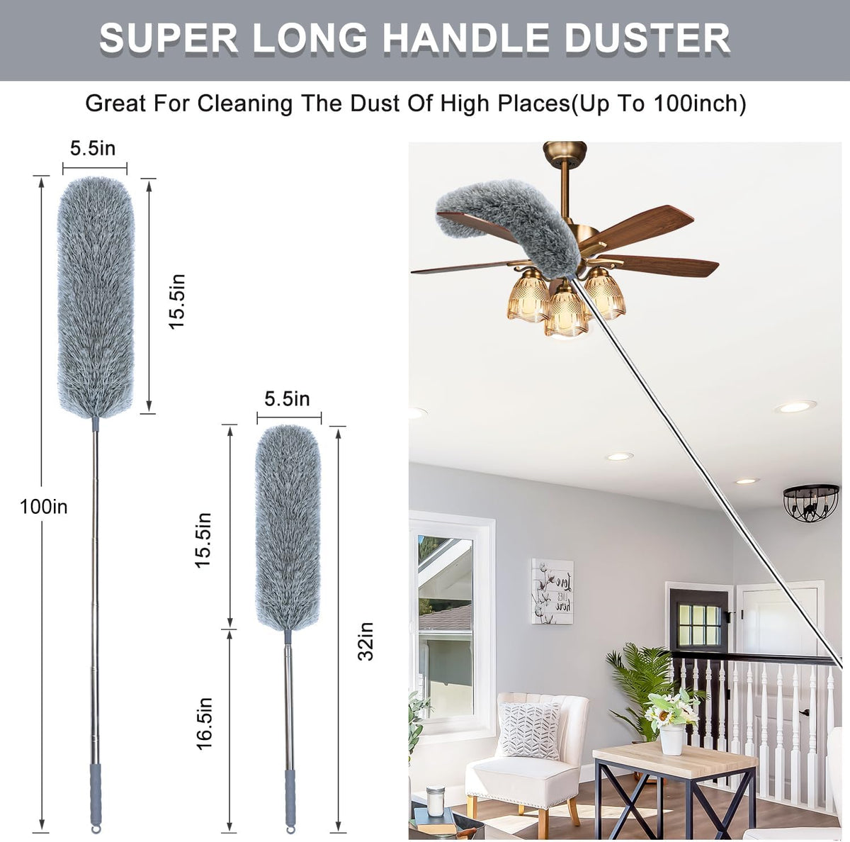 Microfiber Feather Duster with Extendable Pole, 100-Inch Extra-Long Dusters Telescoping Cobweb Duster for Cleaning, Bendable and Washable Microfiber Head, Duster for High Ceiling, Fan, Furniture