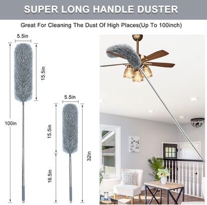 Microfiber Feather Duster with Extendable Pole, 100-Inch Extra-Long Dusters Telescoping Cobweb Duster for Cleaning, Bendable and Washable Microfiber Head, Duster for High Ceiling, Fan, Furniture