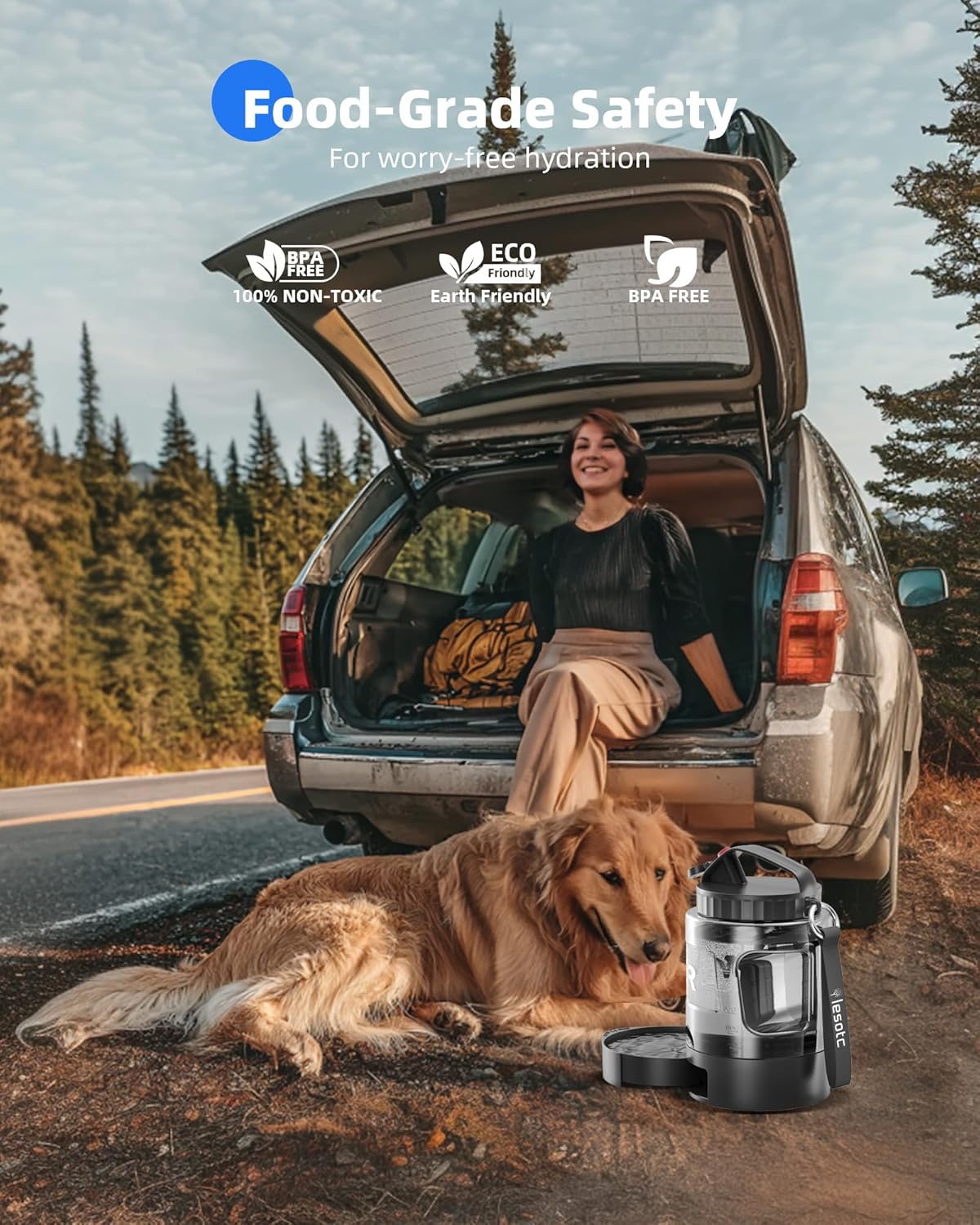 Portable Dog Travel Water Bottle with Pull-Out Drinking Bowl, 77oz Capacity - Ideal for Camping, Hiking, Beach Trips, and Outdoor Activities, Black