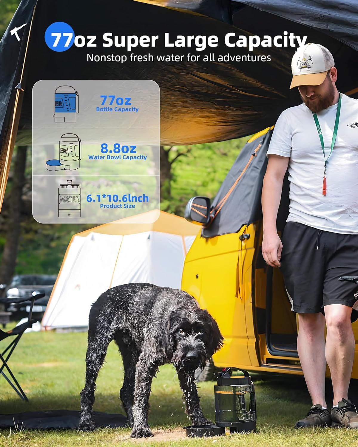 Portable Dog Travel Water Bottle with Pull-Out Drinking Bowl, 77oz Capacity - Ideal for Camping, Hiking, Beach Trips, and Outdoor Activities, Black