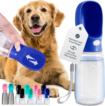Portable Dog Water Bottle - 19 Oz, Blue - Leak-Proof Water Bowl Dispenser with Lock for Hiking, Travel & On-The-Go